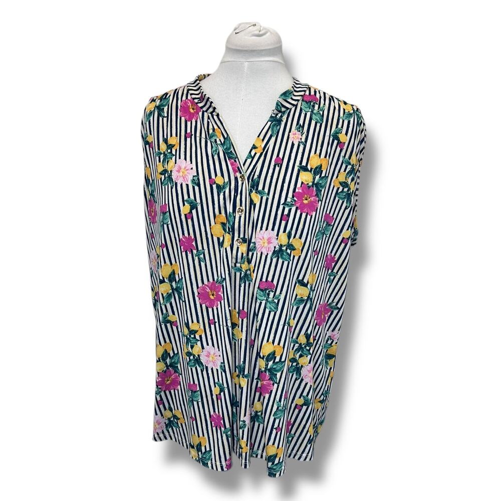 Cure Women’s Sleeveless Henley Blouse Stripe/Floral/Lemons Black/White/Multi 3X